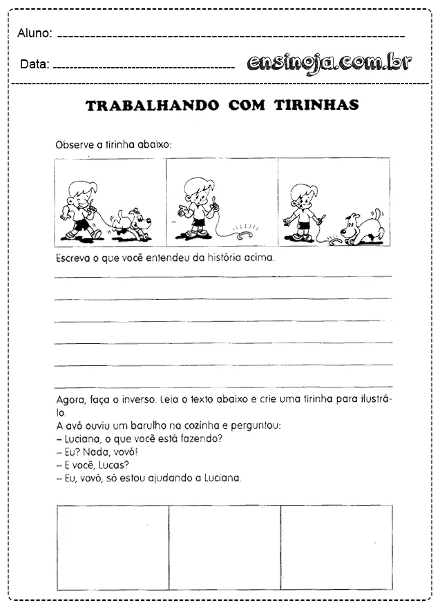 Atividade de escrita sobre tirinhas para alunos do ensino fundamental.