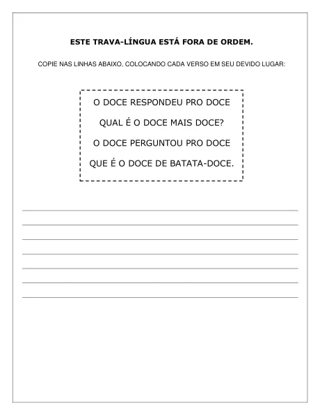 Folha de atividade com um trava-língua para copiar.
