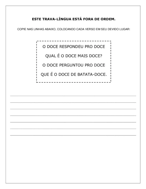 Folha de atividade com um trava-língua para copiar.