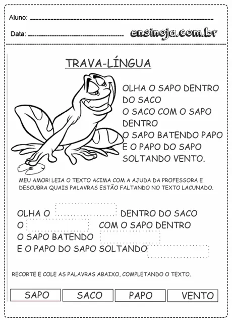 Atividade de trava-língua com um sapo e instruções para completar o texto.