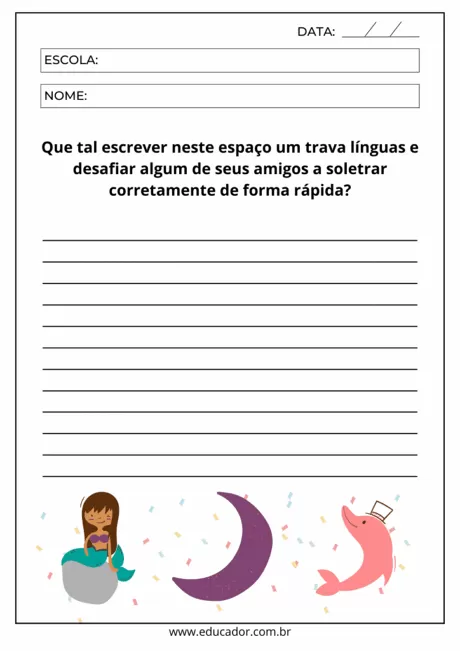 Folha de atividade para escrita de trava-línguas com ilustrações de uma sereia, uma lua e um golfinho.