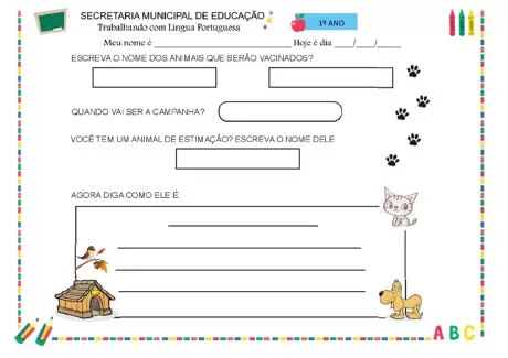 Atividade escolar sobre vacinação de animais para crianças do 1º ano.