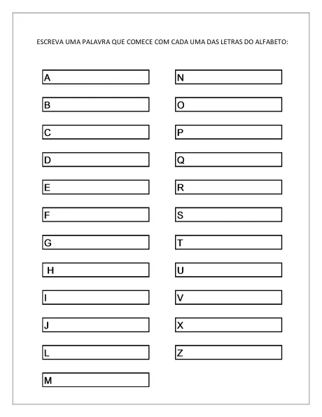 Folha de atividade para escrever palavras que começam com cada letra do alfabeto.