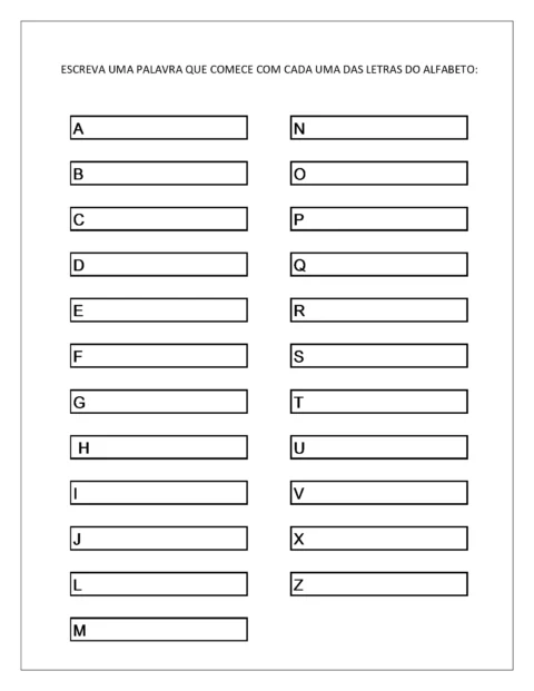 Folha de atividade para escrever palavras que começam com cada letra do alfabeto.