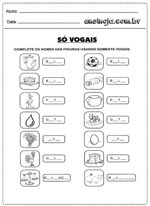 Atividade de completar nomes de figuras usando somente vogais.