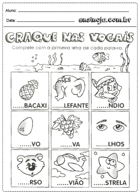 Atividade de completar palavras com a primeira letra, com ilustrações de frutas e objetos.