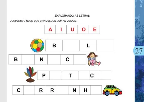 Atividade de completar nomes de brinquedos com vogais.