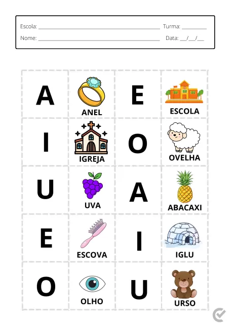 Cartela de atividades com imagens e palavras para ensinar as vogais.
