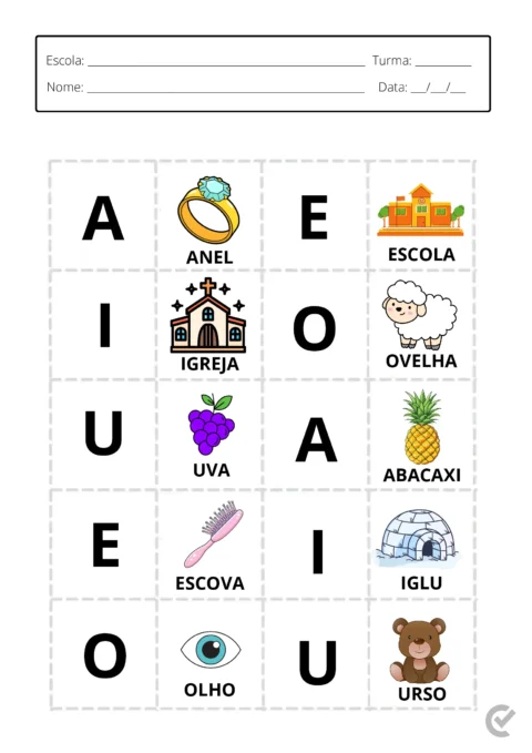 Cartela de atividades com imagens e palavras para ensinar as vogais.