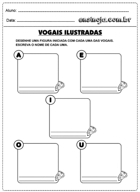 Atividade de desenho das vogais A, E, I, O, U para crianças.