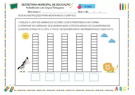Atividade de votação de animais para alunos do 1º ano.