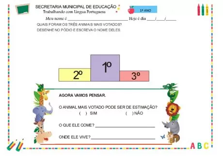 Atividade de educação infantil sobre votação de animais com espaço para desenho e escrita.