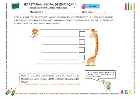 Atividade de organização de votos de animais preferidos da turma.