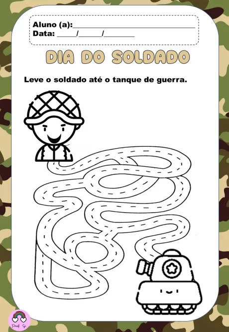 Desenho de uma atividade escolar com um soldado e um tanque de guerra.