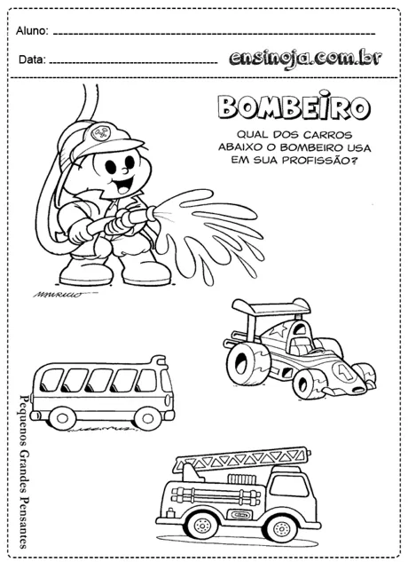 Desenho de um bombeiro com mangueira e três veículos abaixo.