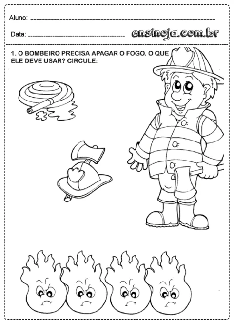 Desenho de um bombeiro e objetos relacionados ao combate ao fogo.