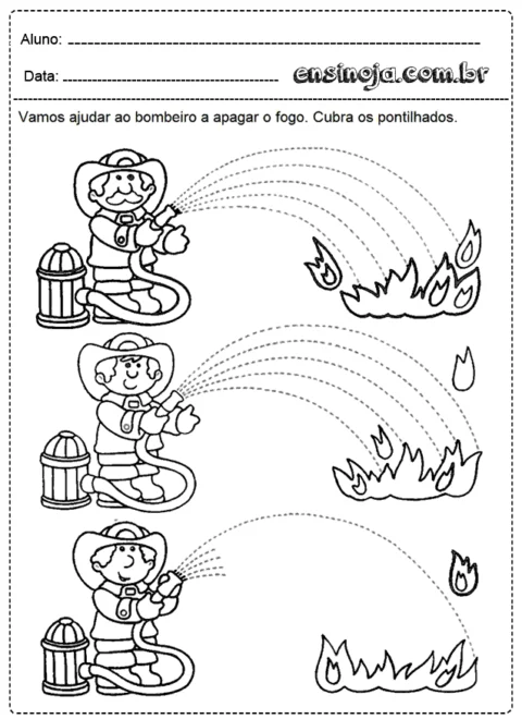 Desenho de um bombeiro apagando fogo com mangueira, com pontilhados para cobrir.