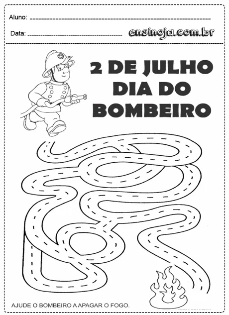 Desenho de um bombeiro com um mangueira em um labirinto.