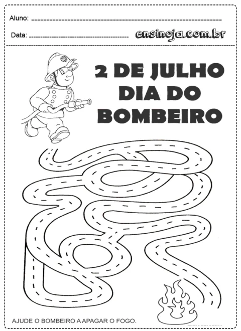 Desenho de um bombeiro com um mangueira em um labirinto.