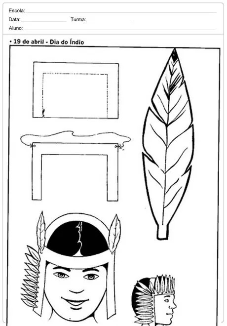 Atividade sobre o Dia do Índio com desenhos para colorir e completar.