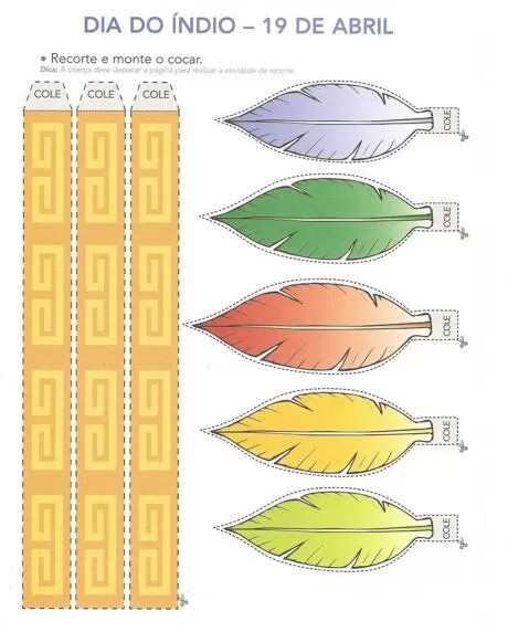 Atividade de recorte e colagem para o Dia do Índio com folhas coloridas e tiras amarelas.