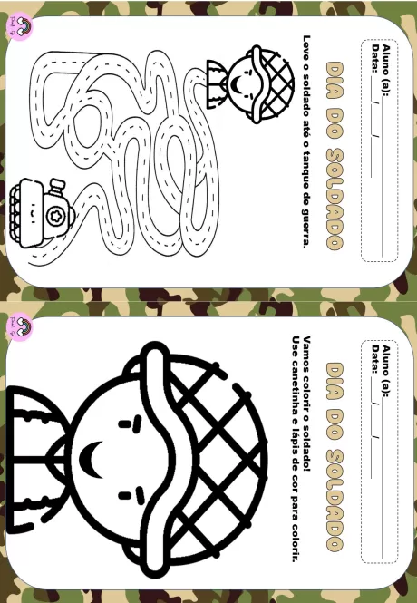 Desenho de um soldado e um tanque de guerra com um labirinto para colorir.