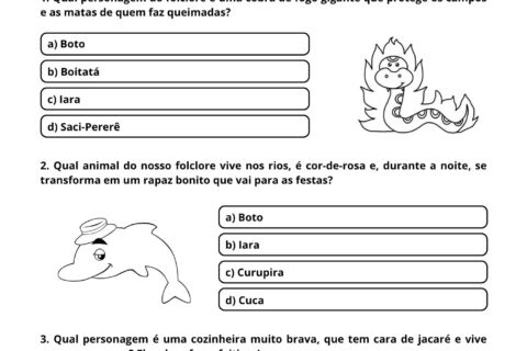 Atividade do folclore com perguntas sobre personagens do folclore brasileiro.