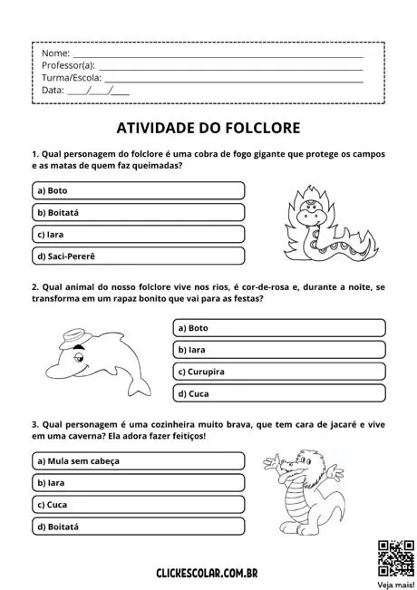 Atividade do folclore com perguntas sobre personagens do folclore brasileiro.