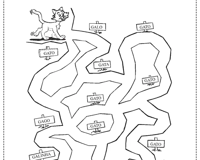 Atividade de levar o gato até a almofada passando pela palavra gato.