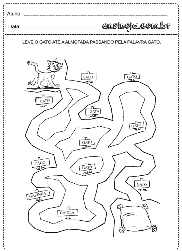 Atividade de levar o gato até a almofada passando pela palavra gato.