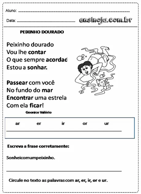 Atividade de educação infantil sobre o peixinho dourado com ilustrações e espaço para escrita.