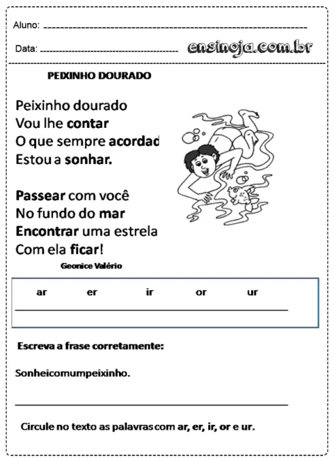 Atividade de educação infantil sobre o peixinho dourado com ilustrações e espaço para escrita.