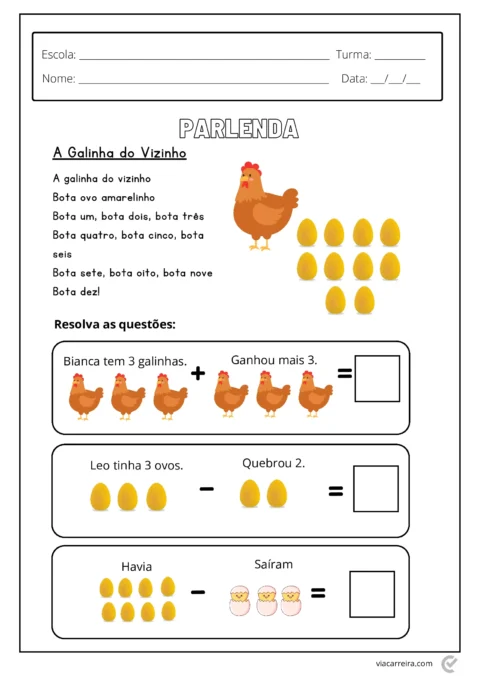 Atividade sobre a Galinha do Vizinho com questões matemáticas e ilustrações de galinhas e ovos.