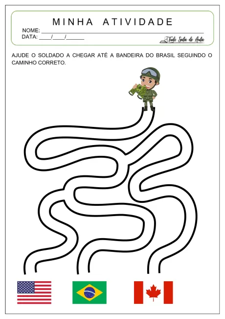 Desenho de uma atividade onde um soldado deve encontrar o caminho até a bandeira do Brasil, com bandeiras dos Estados Unidos e do Canadá ao lado.