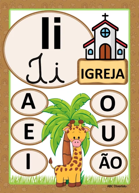 Cartaz educativo com letras, uma igreja e uma girafa