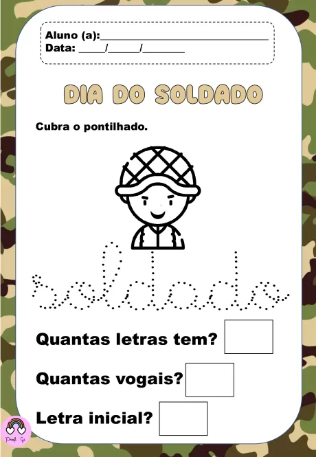 Atividade para o Dia do Soldado com um desenho de um soldado e perguntas sobre a palavra 'soldado'.