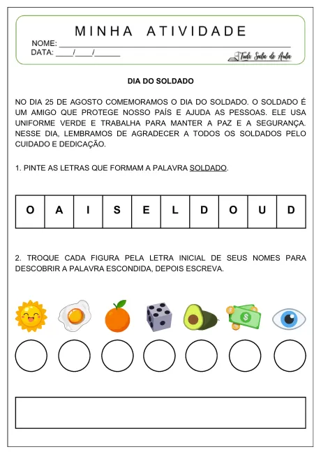 Atividade escolar sobre o Dia do Soldado, com exercícios de letras e figuras.