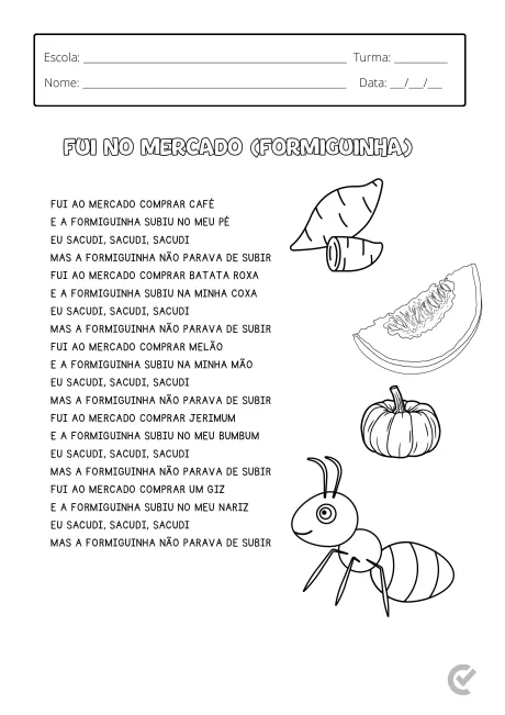 Desenho de uma formiga e itens de mercado com texto sobre a formiga indo ao mercado.