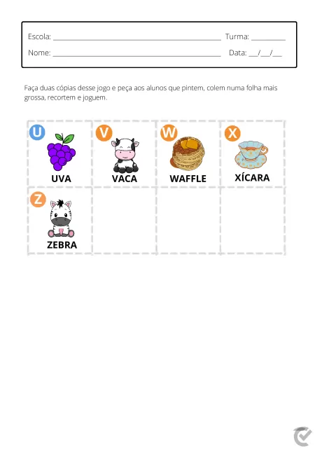 Imagem de um jogo educativo com figuras de uva, vaca, waffle e xícara, para recortar e colar.