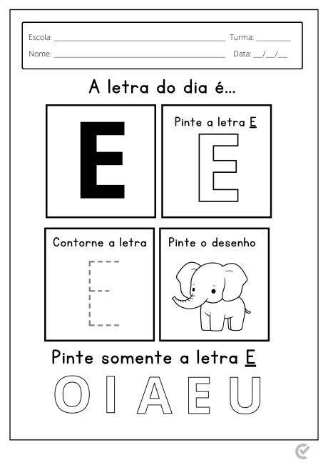 Atividade para crianças sobre a letra E, incluindo contorno e pintura.