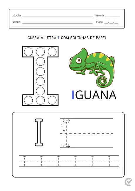 Atividade para cobrir a letra I com bolinhas de papel, com uma iguana ilustrada.