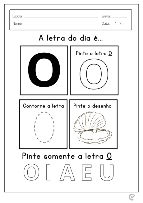 Atividade para colorir e contornar a letra O com um desenho de uma concha.