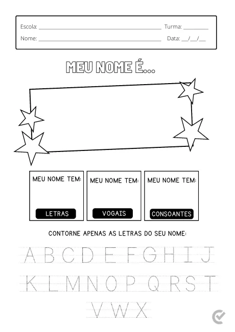 Atividade para crianças onde devem preencher seu nome e identificar letras, vogais e consoantes.