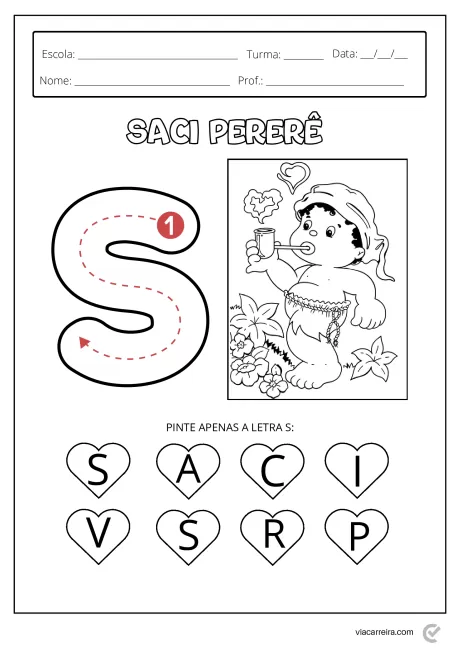Desenho do Saci Pererê com a letra S para colorir e atividades de identificação de letras.