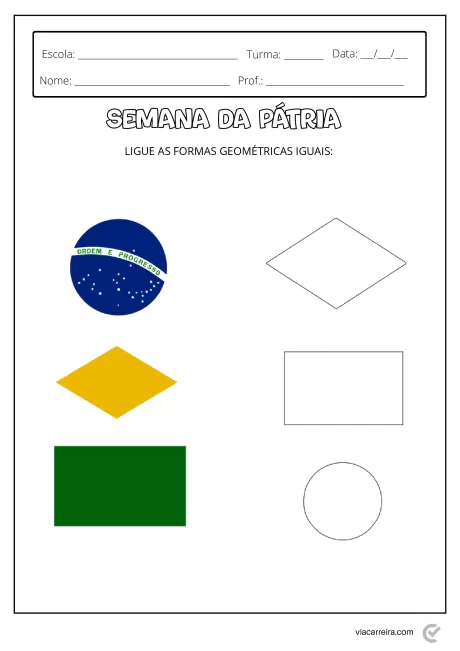 Atividade para ligar formas geométricas iguais com símbolos da bandeira do Brasil.