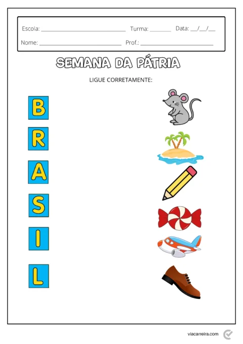 Atividade para crianças ligarem palavras e imagens relacionadas ao Brasil.