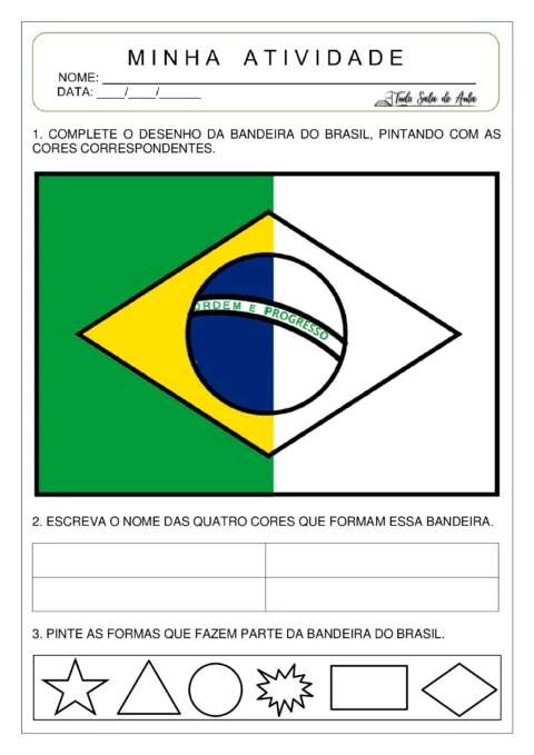 Desenho da bandeira do Brasil para atividade escolar, com instruções para completar e colorir.