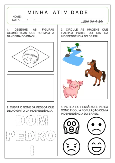 Folha de atividade escolar com desenhos e instruções sobre a Independência do Brasil.