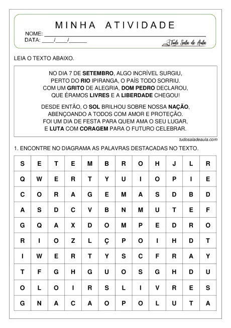 Atividade escolar com um texto sobre a independência do Brasil e um diagrama de palavras.