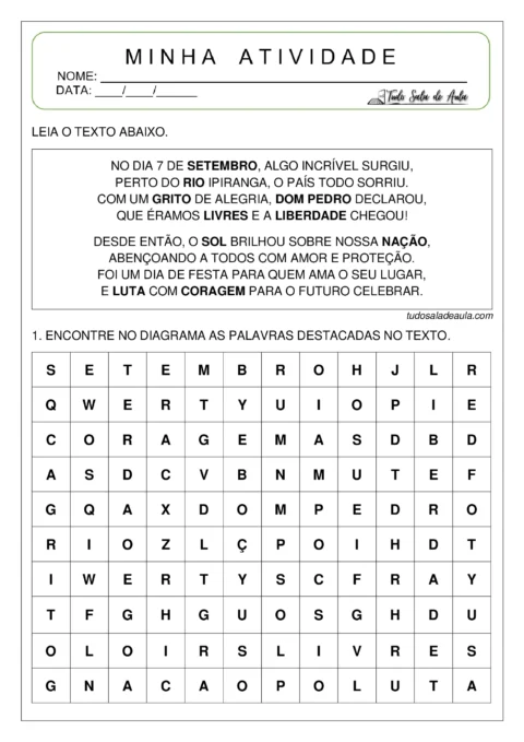 Atividade escolar com um texto sobre a independência do Brasil e um diagrama de palavras.
